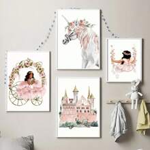 1 pieza Pintura en lienzo de arte de pared con unicornio en un columpio de flores acuarela, castillo, pósteres e impresiones, decoración de pared sin marco