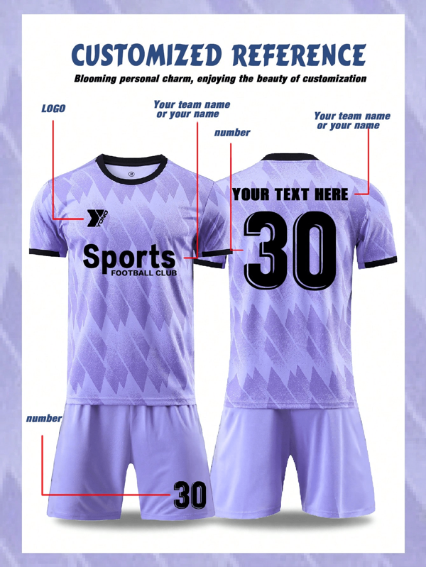 Personaliza los logotipos para ropa deportiva juvenil, personaliza DIY y personaliza tu propio y único conjunto de fútbol morado para jóvenes de Real Madrid (13-16 años) - Conjunto personalizado de camiseta y pantalones cortos