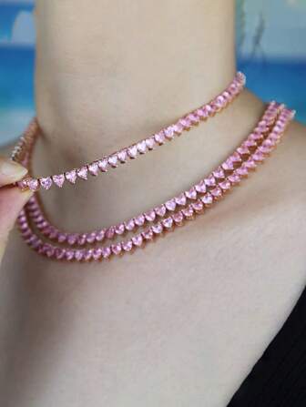 Iced Out Bling Valentine's Day Gift For Women Jewelry Heart-Shaped Copper Inset Zirconia CZ Tennis Choker Necklace For Women Fashion Jewelry Gifts For Everyday Wear