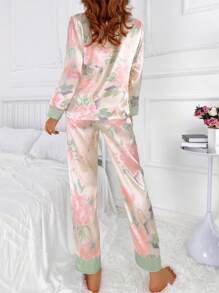 Set de 2 bucăți pentru femei, cu mâneci lungi și pantaloni, cu imprimeu floral, cu design de îmbrăcăminte casual, țesătură ușoară, set de două piese - Roz - Vizualizare 2