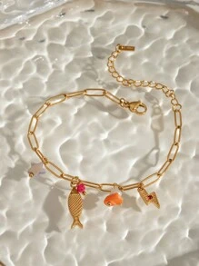 Uworld 1 pieza de brazalete de cadena de acero inoxidable de moda y personalizado para mujer con colgante de estrella de mar, concha, corazón y piedra natural. Adecuado para uso diario, vacaciones, playa o como regalo