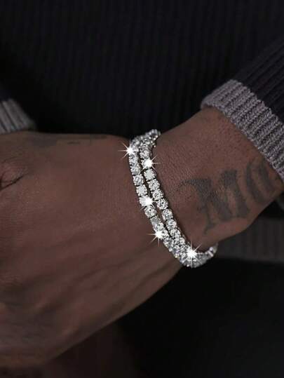 2pcs/Set Men's Simple Hip Hop Crystal Bracelet Set