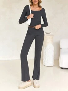 GAOVOT Dam Tvådelad Vår Sommar Y2K Slim Sexig Enfärgad Fyrkantig Krage Långärmad Topp Och Lätt Utsvängda Byxor Byxkostym Gym - Mörkgrå - Visa 5