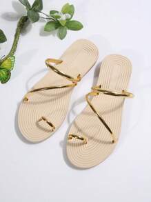 女士舒适圆头系带 PU 金色平底凉鞋，轻便休闲百搭人字拖鞋，透气防滑一脚蹬凉鞋，春夏季