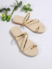 女士舒适圆头系带 PU 金色平底凉鞋，轻便休闲百搭人字拖鞋，透气防滑一脚蹬凉鞋，春夏季