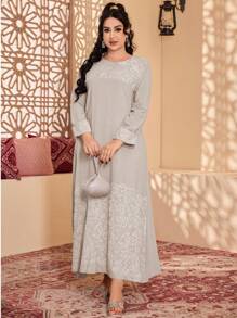 2026新款斋月传统优雅白色刺绣阿拉伯长袖3D立体花卉长袍 - 杏色 - 查看 2