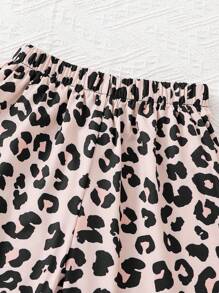 2 pezzi Top corto a maniche corte con scollo tondo e orlo asimmetrico di colore unito + Pantaloni skinny in maglia stampati con motivo leopardato, set sportivo per ragazze, casual e alla moda - nero - Visualizzare 6