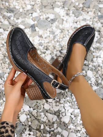 Fall/Winter New Summer Hollow Out Breathable Round Toe High Heel Women Sandals, Fashion Casual French Chunky Heel,Elegant