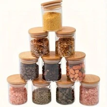 1 套 4-6-12 件玻璃储物罐，采用透明高硼硅材料制成，配有密封的竹木盖，便携式透明食品容器，用于盛放茶、咖啡豆、糖、糖果、饼干、香料、厨房用品 - 無色 - 查看 7