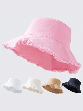 1pc Women Solid Color Artsy Fringe Bucket Hat, Versatile
