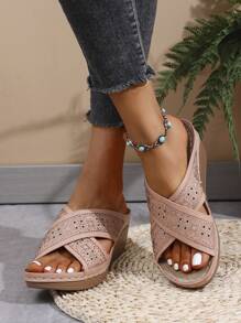 Women's Personalized Print Wedge Slide Sandals, Thick Sole Anti-Slip Criss-Cross Peep Toe Design Slippers - Pink - View 3
