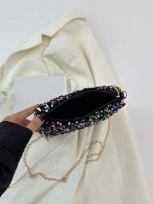 Fashionable Sparkling Sequin Rectangular Shoulder Bag Women, Personalized Versatile Zipper Crossbody Bag, Unique Design Chain Evening Clutch - Multicolor - View 3