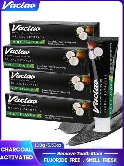 Vaclav 100克活性炭牙膏，薄荷味，美白牙齿，无氟天然牙膏，去除牙菌斑，不含人工色素，去除牙渍，女士礼品