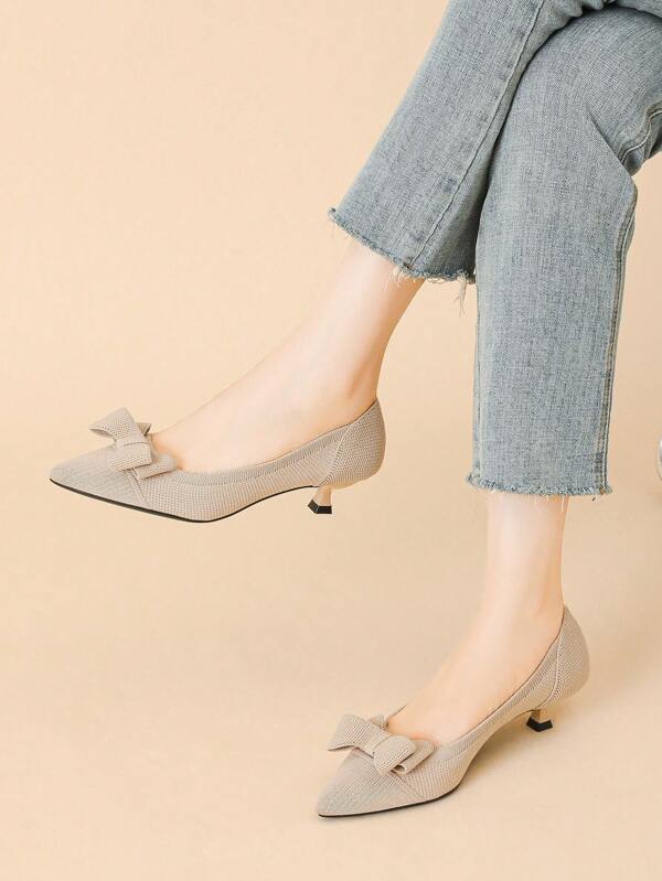 Sapatos de Salto Femininos de Bico Fino em Tricô de Cor Sólida, Tipo Mocassim, Novo Laço Fofo Decorativo, Casual Plus Size, Salto Gatinho Francês 4cm, Adequado para Vestido, Estilo Juvenil e Charmoso