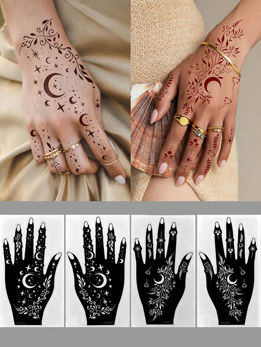 Tiebeauty 4 Sheets Hand Moon Flower Tattoo Hollow Template Stickers - Black - View 1