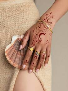 Tiebeauty 4 Sheets Hand Moon Flower Tattoo Hollow Template Stickers - Black - View 7