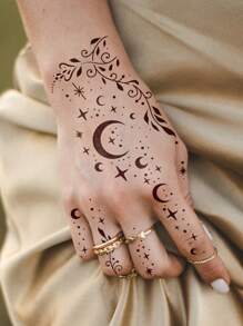 Tiebeauty 4 Sheets Hand Moon Flower Tattoo Hollow Template Stickers - Black - View 6