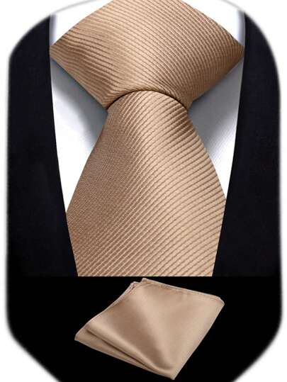 Men's Champagne Color 3.15 Inch Necktie And Pocket Square Set, Solid Color Business Wedding Tie & Handkerchief Suit