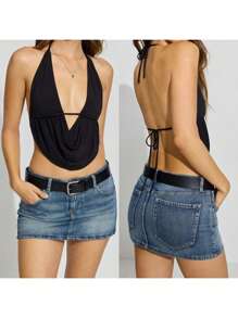 Women's Summer Halter Neck Vest Sleeveless Deep V Neck Solid Color Crop Tank Tops - 黑色 - 查看 4