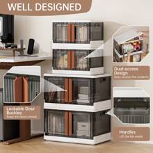 HAIXIN Plastic Storage Containers, Stackable Closet Organizers And Storage, Folding Bookshelf For Bedroom,  Collapsible Laundry Organizer, Storage Containers With Doors And Wheels For Home, Office, Dorm - 黑與白 - 查看 3