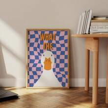 1pc, Goose"WHAT THE" Wall Art,Vibrant And Fashionable Animal Decor Room,Light Blue Plaid Academy Style Aesthetic,Vintage Interesting Short Sentences Poster Canvas Print, Minimalism Canvas Painting, Suitable For Home Decoration