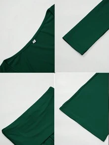 2件套女士Y2K休闲日常纯色简约长袖V领上衣和修身裤套装，秋季 - 綠色 - 查看 9