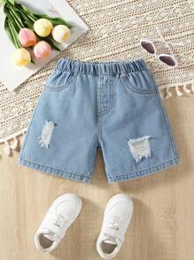 1pc Girls' Fashionable Distressed Classic Blue Casual Denim Shorts, Spring/Summer - Medium Wash - View 1