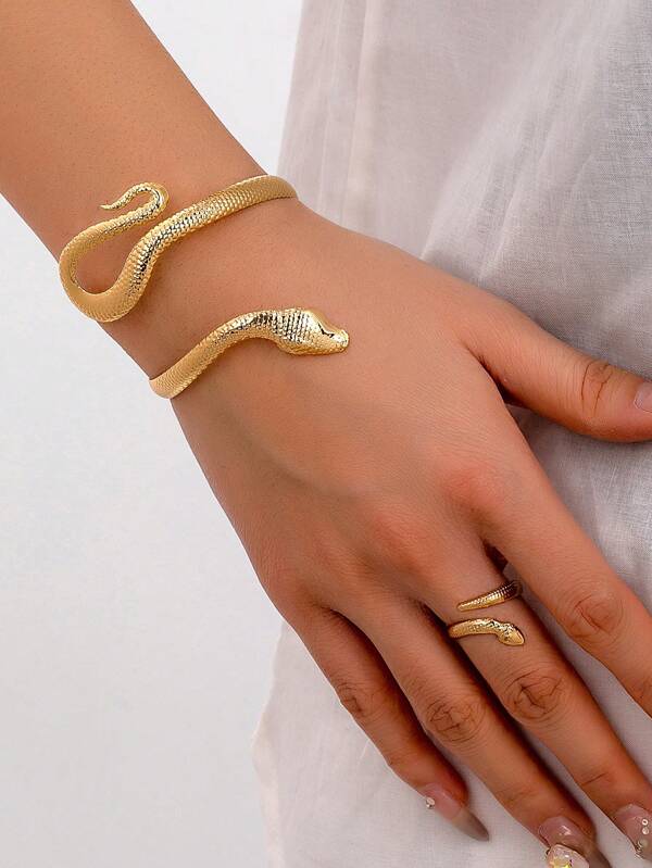 2pcs/3pcs Jewelry Sets, European & American Style Women's Adjustable Bangle & Ring Sets, Snake Design Personalized Bracelet & Hand Accessories