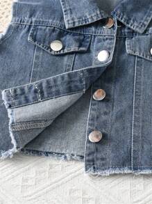 年轻女孩牛仔无袖翻领夹克和牛仔迷你裙套装 - 深色水洗藍 - 查看 5