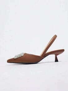 Tacones de gatito con punta puntiaguda y tira trasera con decoración de strass para mujer, zapatos cómodos y de vestir de moda adecuados para primavera, verano, otoño e invierno, tacón bajo color marrón