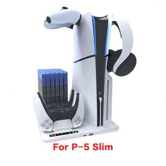 iplay Base multifuncional de carga y enfriamiento para Playstation 5 Slim, que incluye: base de carga con ventilador de enfriamiento, cargador de control, 6 soportes para juegos y 2 ganchos de almacenamiento.