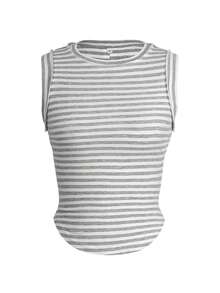 Summer Women's Back Splicing Design Commuter Chic Striped Print Sleeveless Slim Vest Top - Grey - View 4