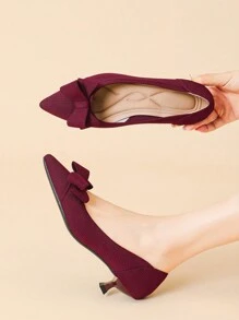 Giày bệt đan mũi nhọn màu trơn cho nữ, giày cao gót mini 4cm, kiểu dáng dễ thương cho trang phục thường ngày, trang trí nơ thời trang mới - Màu Đỏ Sâu - Xem 3