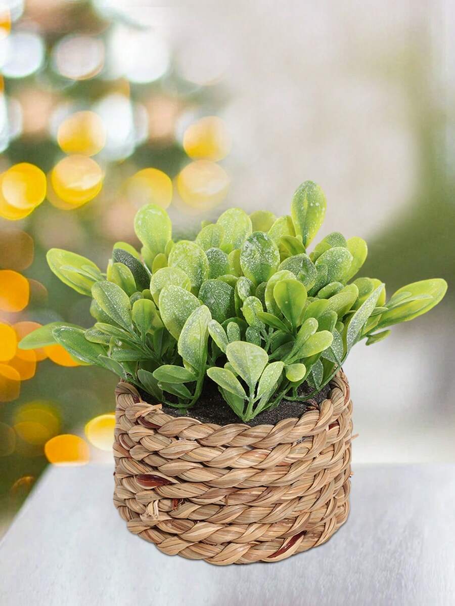 1pc, Style C, Artificial Rattan Potted Plant, Seagrass Rope, Green, Made Of PE And Polyester Fiber, Desktop Decor For School, Dorm, Office, Suitable For Valentine's Day, Christmas, Spring Festival, Parties, Celebrations, Homes, Entrances, Hotels, Restaurants, Living Rooms, Bedrooms, Weddings, Kitchens, Gardens - Year-Round Green Decoration, Table Decoration, Centerpieces, Plastic Flowers