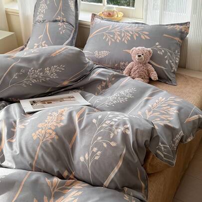 4件套灰棕色植物叶印花床上用品（1件被套、2件枕套、1件床单），优雅田园风，亲肤舒适，适合单人/双人床，四季皆宜