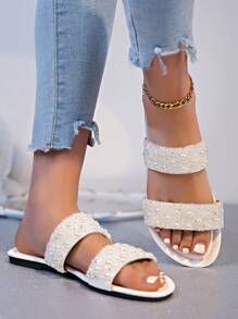Summer Women Fashion Flat Sandals, New 2025 Model, Crystal Embellished Slip-On Flat Mules, Open Toe, Luxury Casual, Plus Size