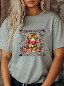 Women's Summer Plus Size T-Shirt Fashion  Cartoon Cat Kawaii Rose Print Short Sleeve Round-Neck Tops Streetwear