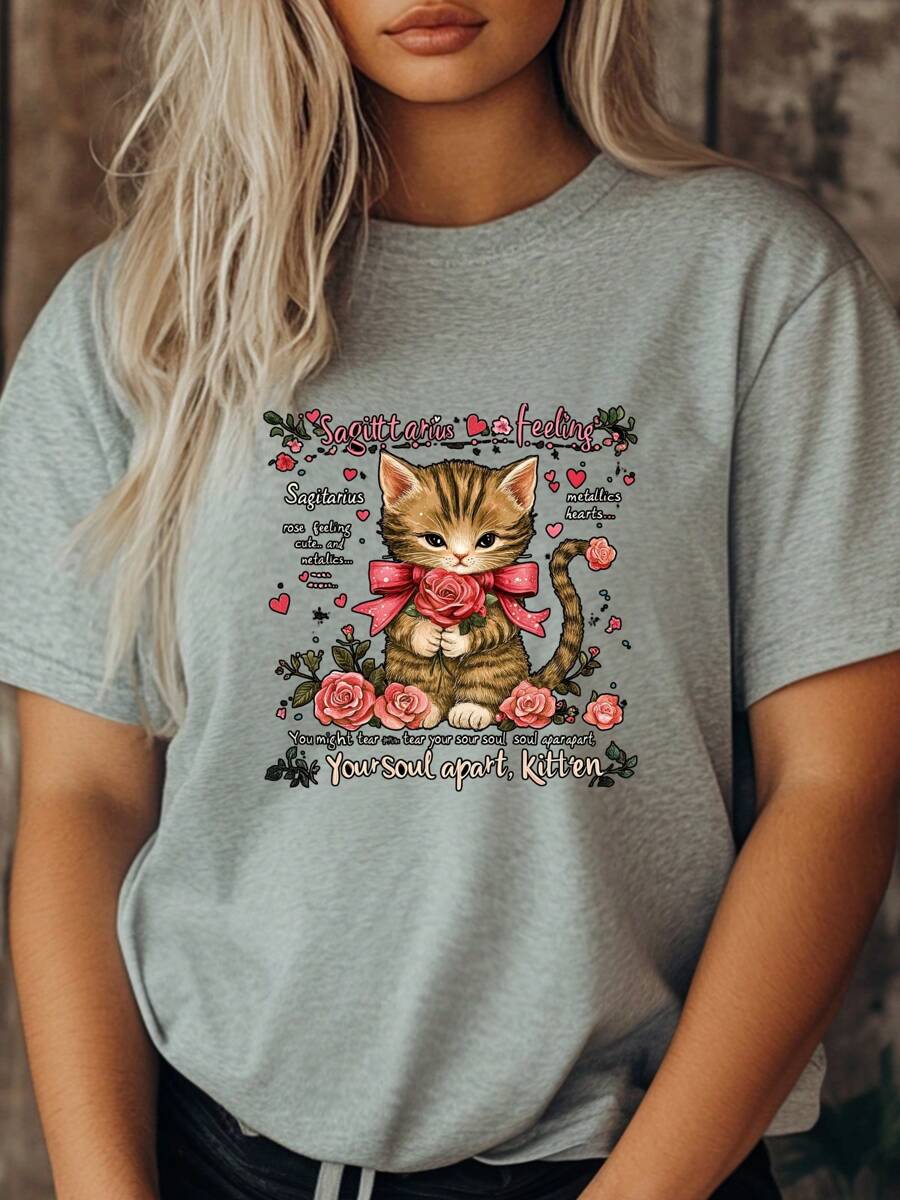 Women's Summer Plus Size T-Shirt Fashion  Cartoon Cat Kawaii Rose Print Short Sleeve Round-Neck Tops Streetwear