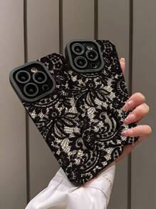 1 pezzo Custodia protettiva per telefono cellulare con texture in finta pelle a motivo in pizzo, antiurto, antimacchia e antiriflesso