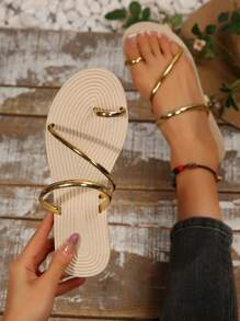 女士舒适圆头系带 PU 金色平底凉鞋，轻便休闲百搭人字拖鞋，透气防滑一脚蹬凉鞋，春夏季