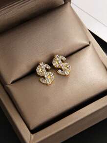 1 par de pendientes unisex con el símbolo del dólar brillante, estilo hip hop punk, regalo del Día de San Valentín - dolar dorado - Ver 2