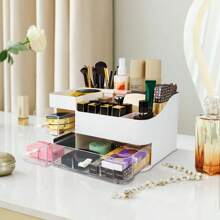 Large Capacity Cosmetic Organizer With 3 Drawers, ABS Plastic Mini Office Organizer For Dresser, Office Supplies, Bathroom Counter, Perfect For Perfume, Brushes, Jewelry, Skincare Bathroom, Miscellaneous Organizer Storage Cabinet Home Bathroom Decor Summer Makeup Organizer - 白+透明 - 查看 3