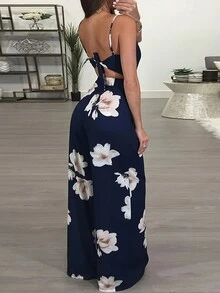 Elegant Floral Printed Sleeveless Jumpsuit, Summer - Blue - View 2