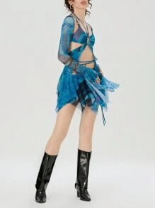 Women's 3 Piece Summer Outfits Long Sleeve Shrug Tops Tie Dye Print Vest Irregular Mini Skirt Set - Blue - View 4