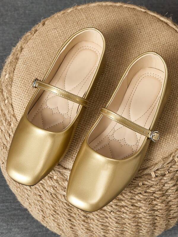 Women's Square Toe Slip-On Shoes, Office Casual Versatile Mary Jane Flats With Stylish, Outdoor Wear, Gold Color, Spring/Autumn