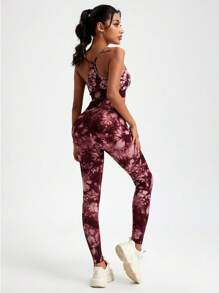 3pcs Women Athletic Tie Dye Printed Sports Bra, High Waist Shorts And Lifting Tights Set, Fashionable Casual Workout Outfit - Burgundy - View 3