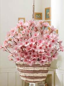 人造花束，人造樱花花，丝绸桃花假植物插花樱花人造花满天星，现代人造花束适用于家庭办公室鲜花花束中心装饰婚礼装饰 - 粉色 - 查看 3