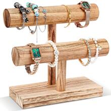 Vintage Style Jewelry Display Stand, Wooden T-Bar Necklace & Bracelet Holder, Suitable For Displaying, Selling, And Storing Bracelets, Rings, Earrings, Great For Sunny Travel, Back To School Season And More - Brown - View 1