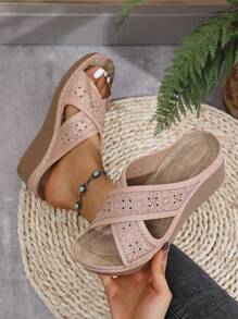 Women's Personalized Print Wedge Slide Sandals, Thick Sole Anti-Slip Criss-Cross Peep Toe Design Slippers - Pink - View 1