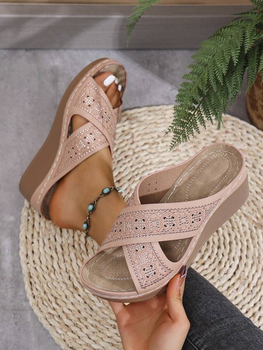 Women's Personalized Print Wedge Slide Sandals, Thick Sole Anti-Slip Criss-Cross Peep Toe Design Slippers - Pink - View 1